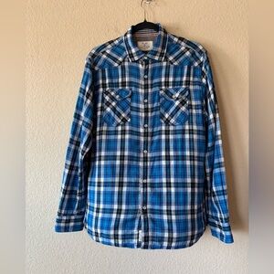 Flag & Anthem‎ M Blue Plaid Check Button Up Long Sleeve Pearl Snap Western